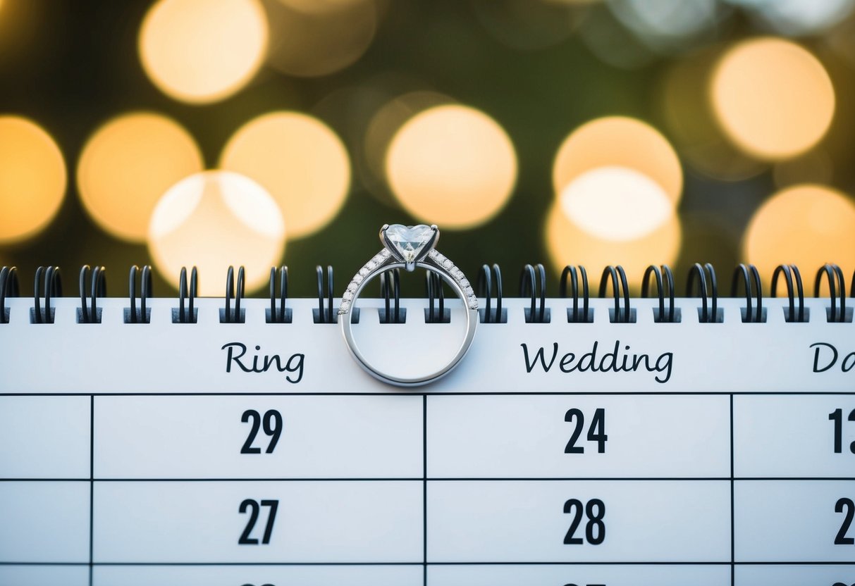 A calendar with a ring on the engagement date and a heart on the wedding date, with the days in between marked off