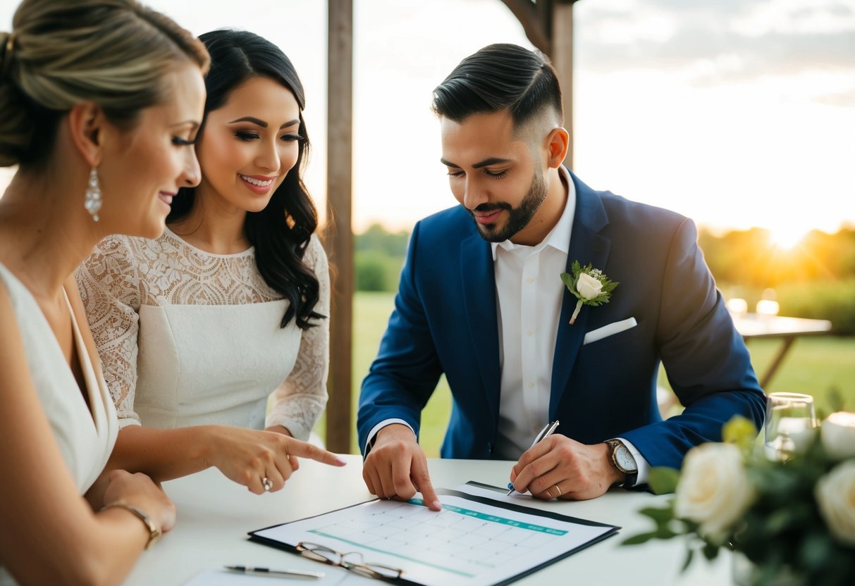 A couple discussing payment plans with a wedding venue coordinator, pointing at a calendar and signing a contract
