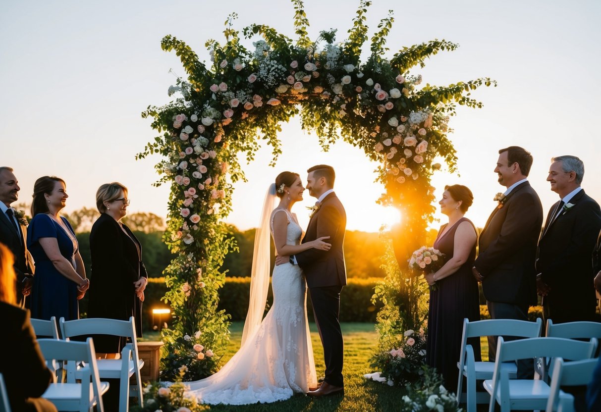 A couple stands beneath a blooming archway, surrounded by friends and family. The sun sets behind them, casting a warm glow as they exchange vows