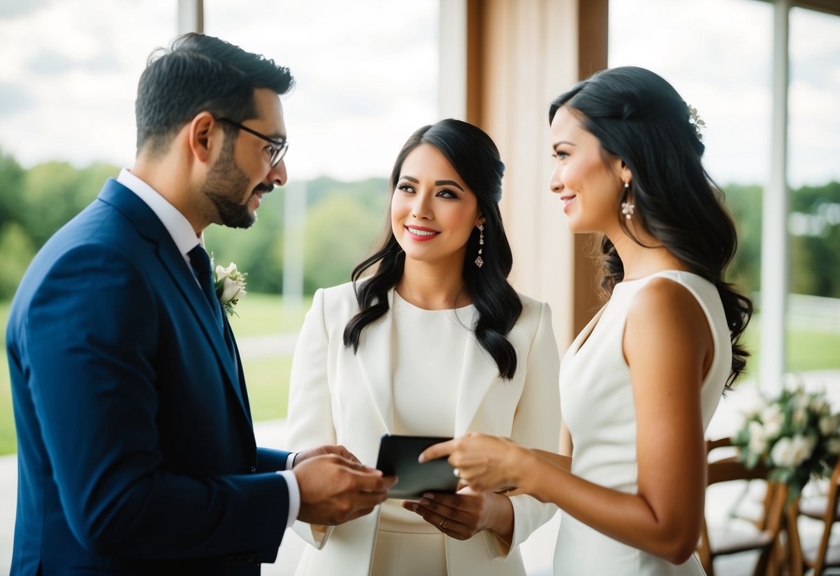 A couple discussing payment plans with a wedding venue manager