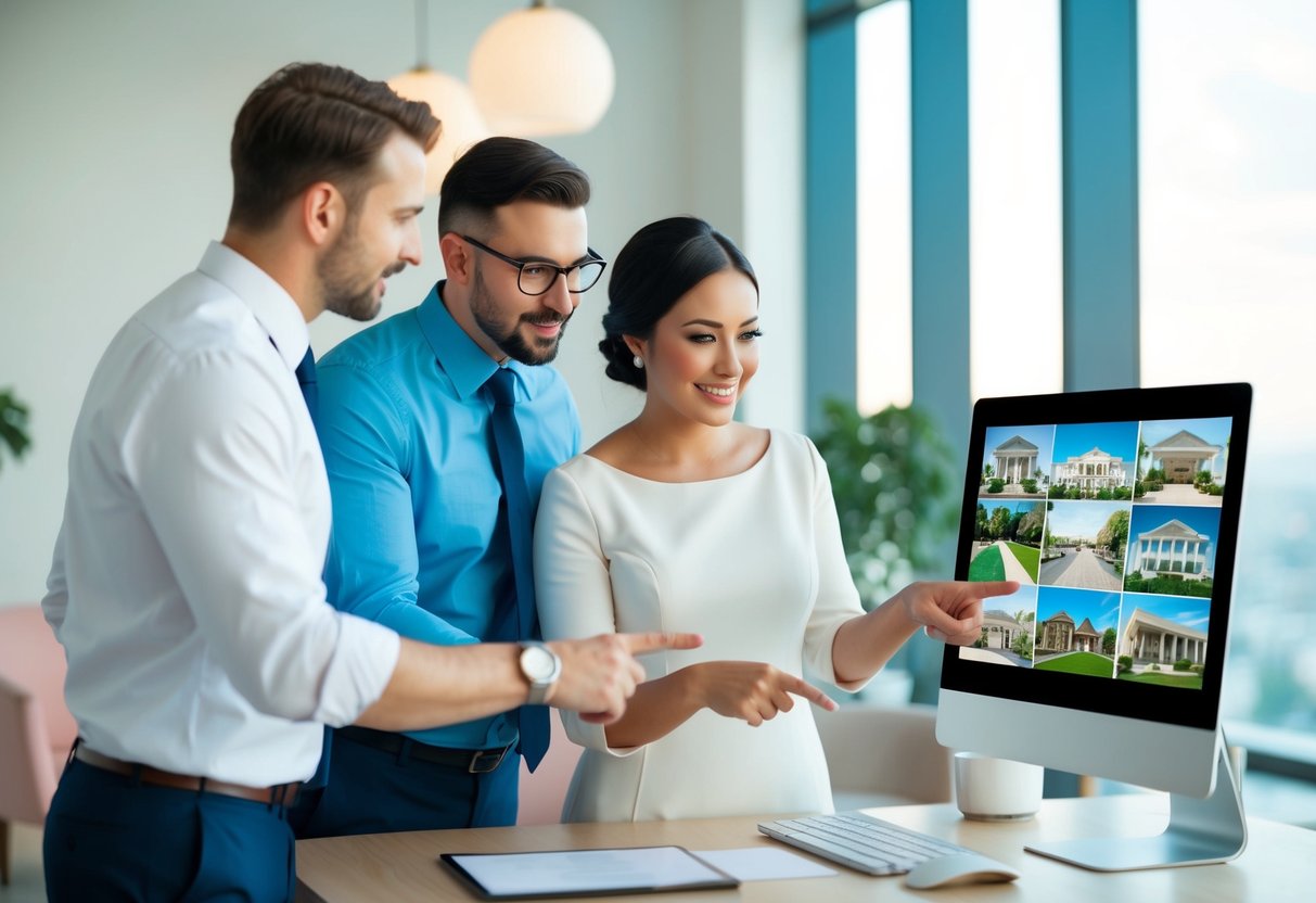 A couple discussing wedding venue options with a loan officer, pointing to different venues on a computer screen