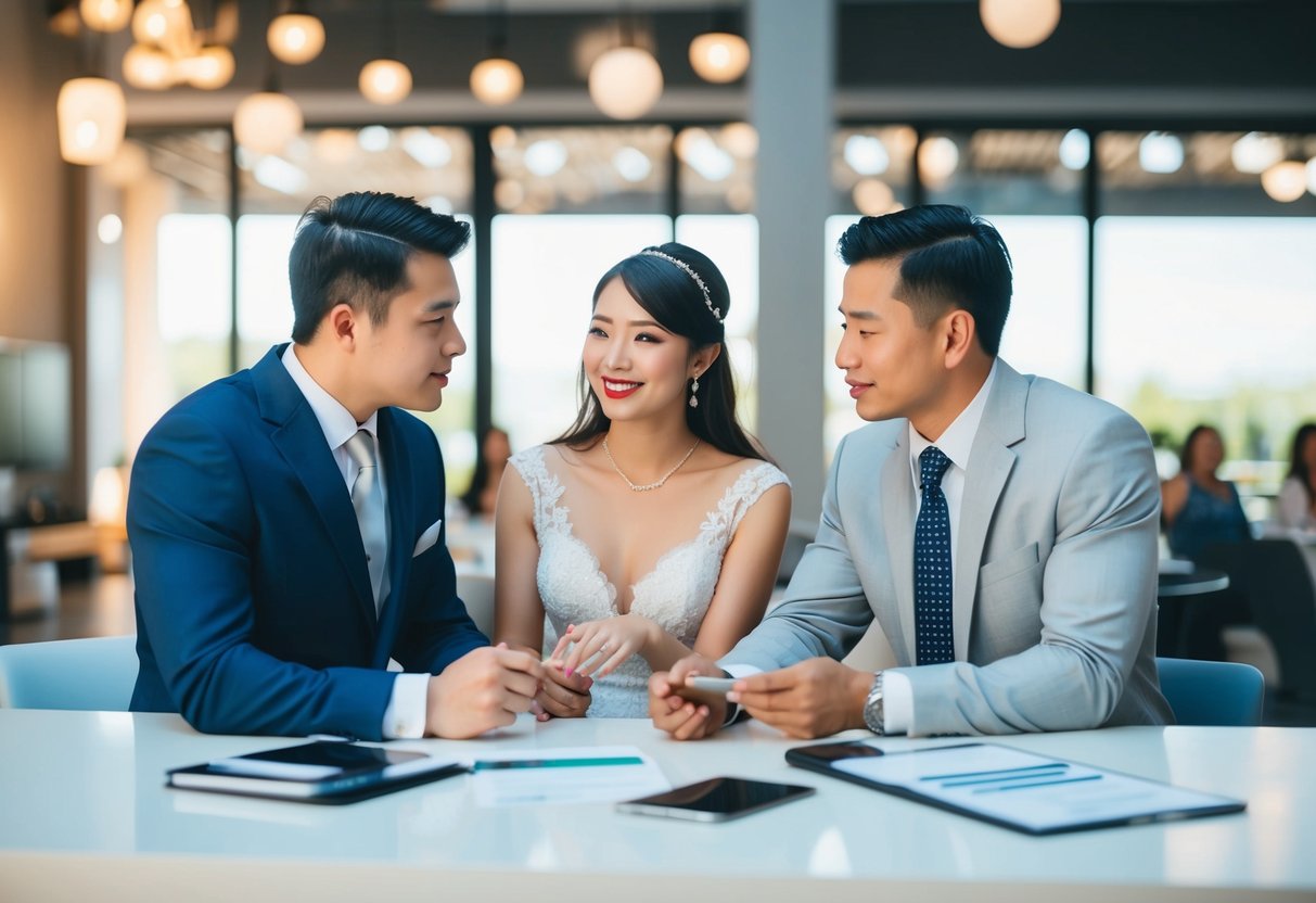 A couple discussing wedding venue payment options with a financial advisor