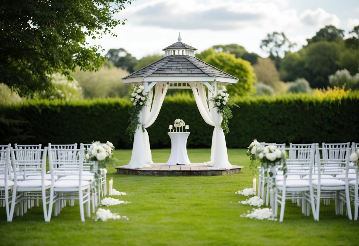 A simple wedding: a small gazebo in a garden, decorated with white flowers and greenery. A few rows of chairs face a simple altar