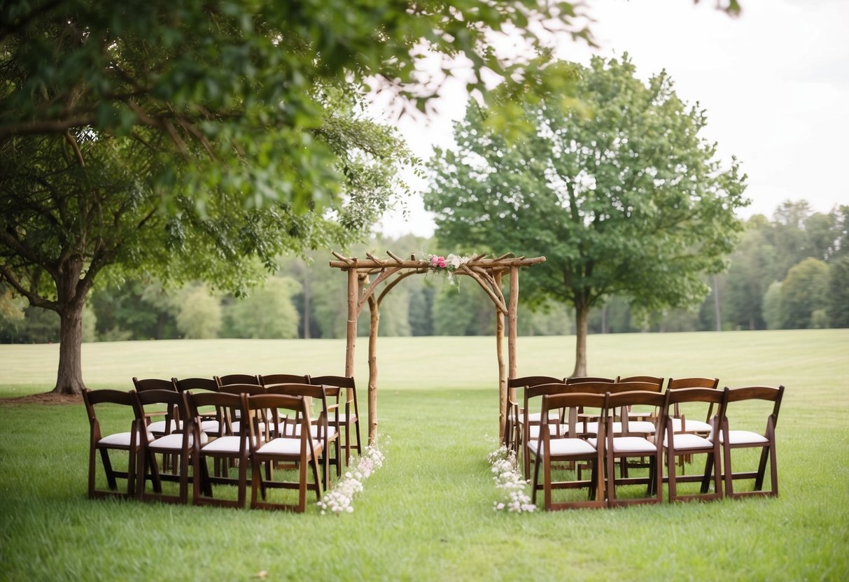 A serene outdoor setting with a rustic arbor and simple wooden chairs arranged in a semi-circle. A gentle breeze rustles through the trees, creating a peaceful atmosphere for a small, intimate wedding ceremony
