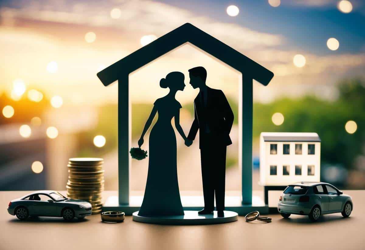 A couple's silhouette stands together in front of a bank, surrounded by symbols of financial stability such as a house, car, and wedding rings