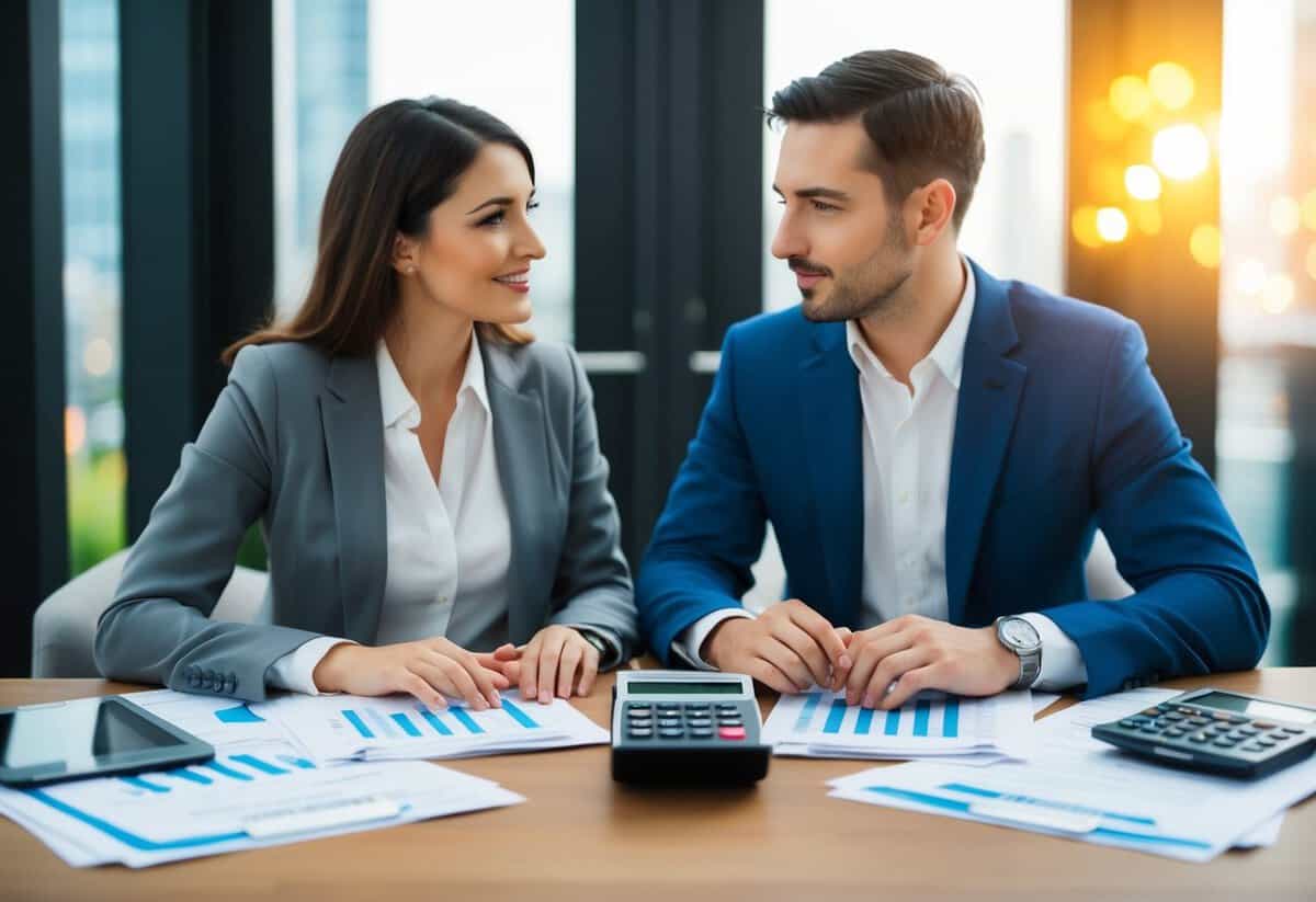 A couple sits side by side, surrounded by financial documents and a calculator. They discuss their financial goals and future plans together