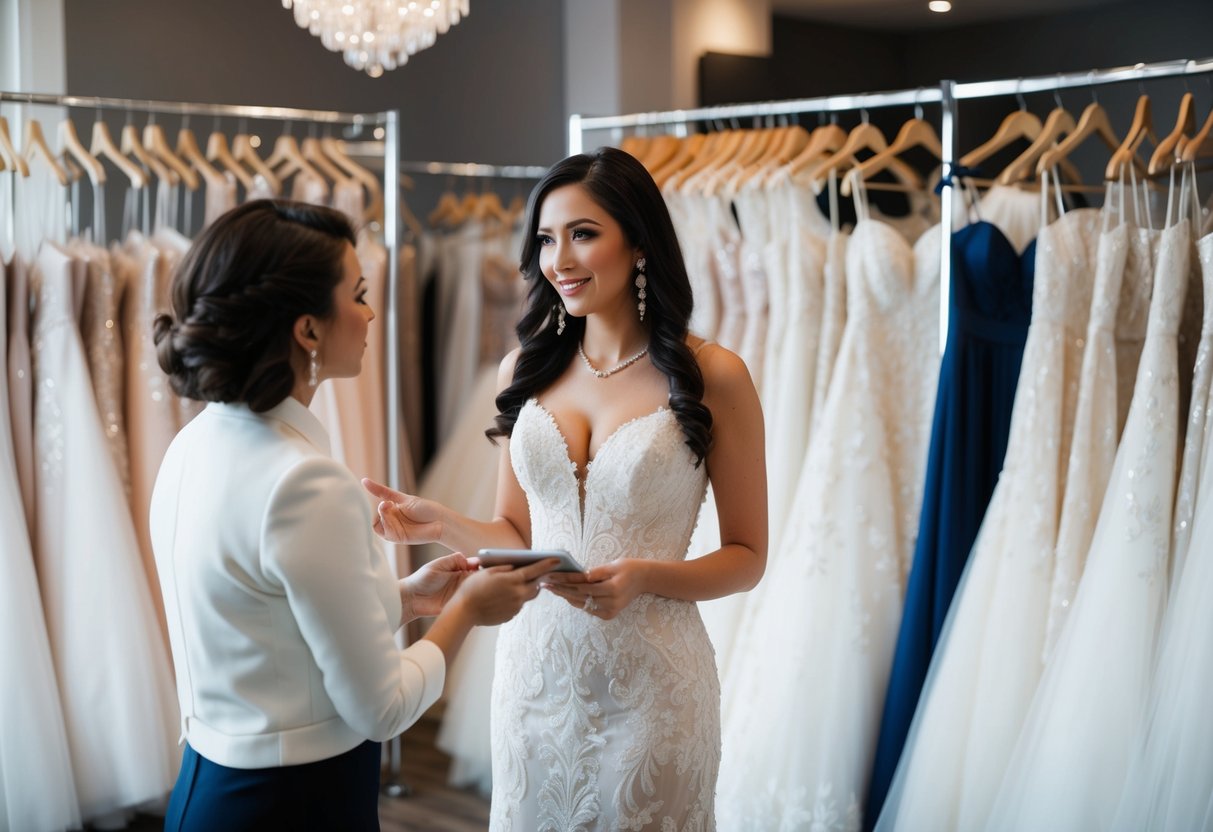 A bride-to-be discussing financing options with a consultant in a bridal boutique, surrounded by racks of elegant wedding dresses
