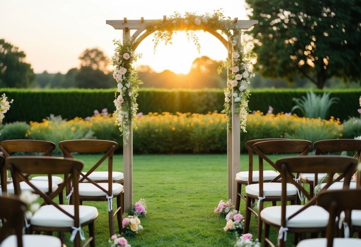 A serene outdoor garden with a simple wooden arch adorned with flowers, surrounded by chairs for guests. The sun is setting, casting a warm glow over the scene