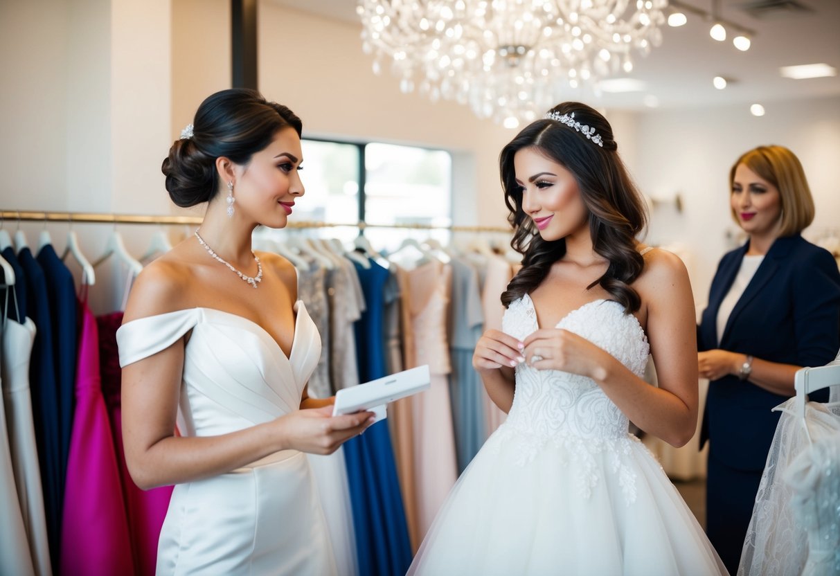 A bride browsing wedding dresses in a boutique, discussing financing options with a salesperson