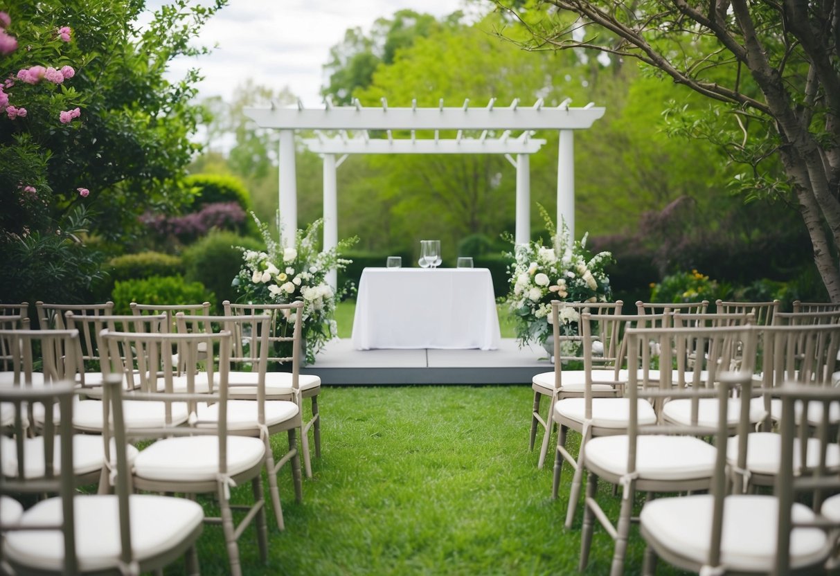 A serene outdoor setting with a simple altar and a few rows of chairs, surrounded by lush greenery and blooming flowers