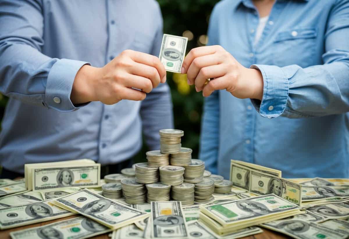 A couple standing together, surrounded by a variety of life events and unexpected challenges. A pile of money sits in the center, symbolizing financial stability