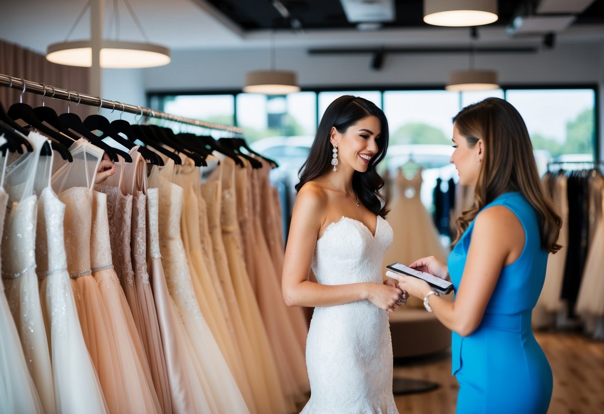 A woman browsing wedding dresses in a boutique, while a salesperson discusses financing options with her