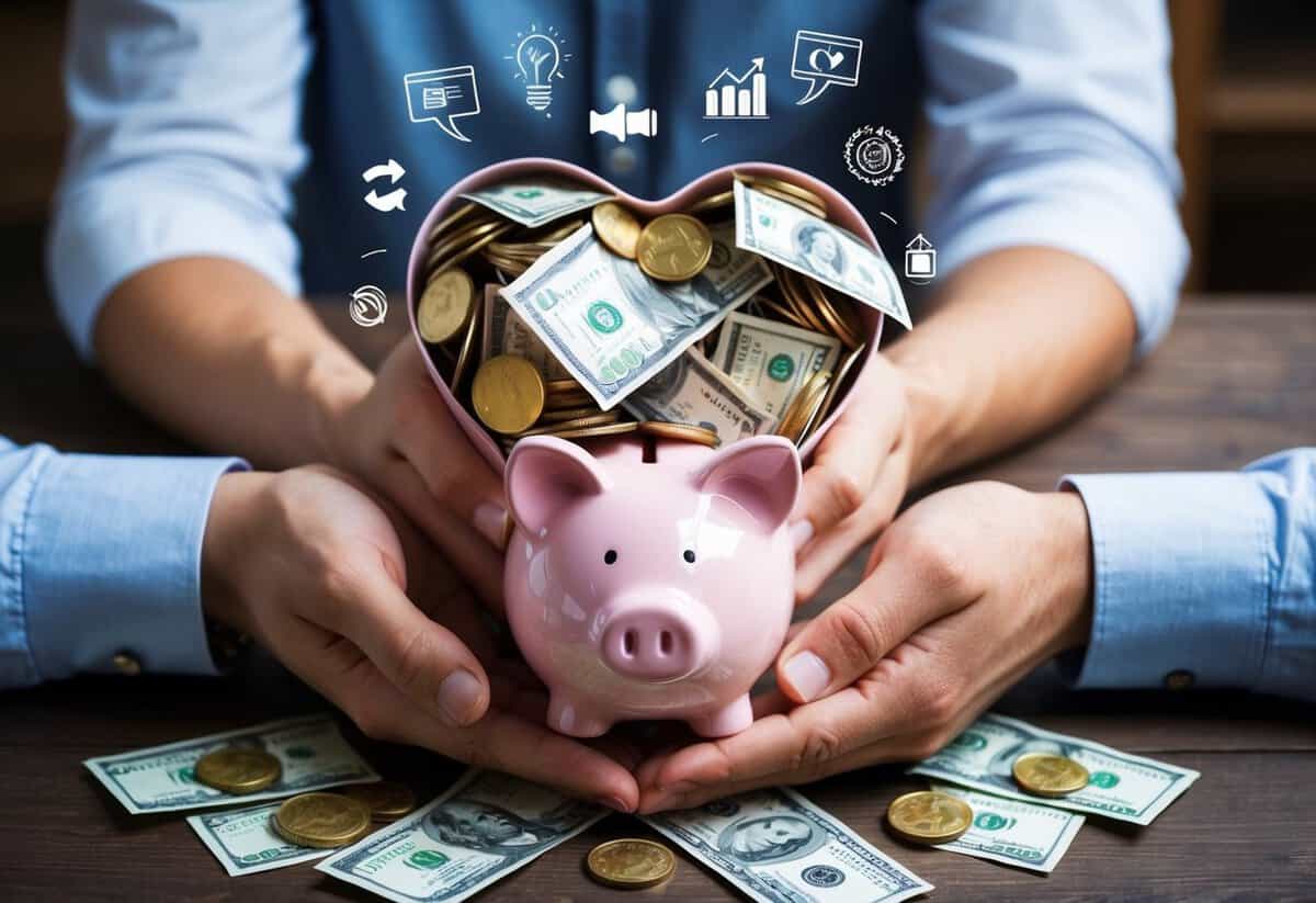 A couple's hands holding a heart-shaped piggy bank overflowing with coins and bills, surrounded by symbols of communication and financial unity