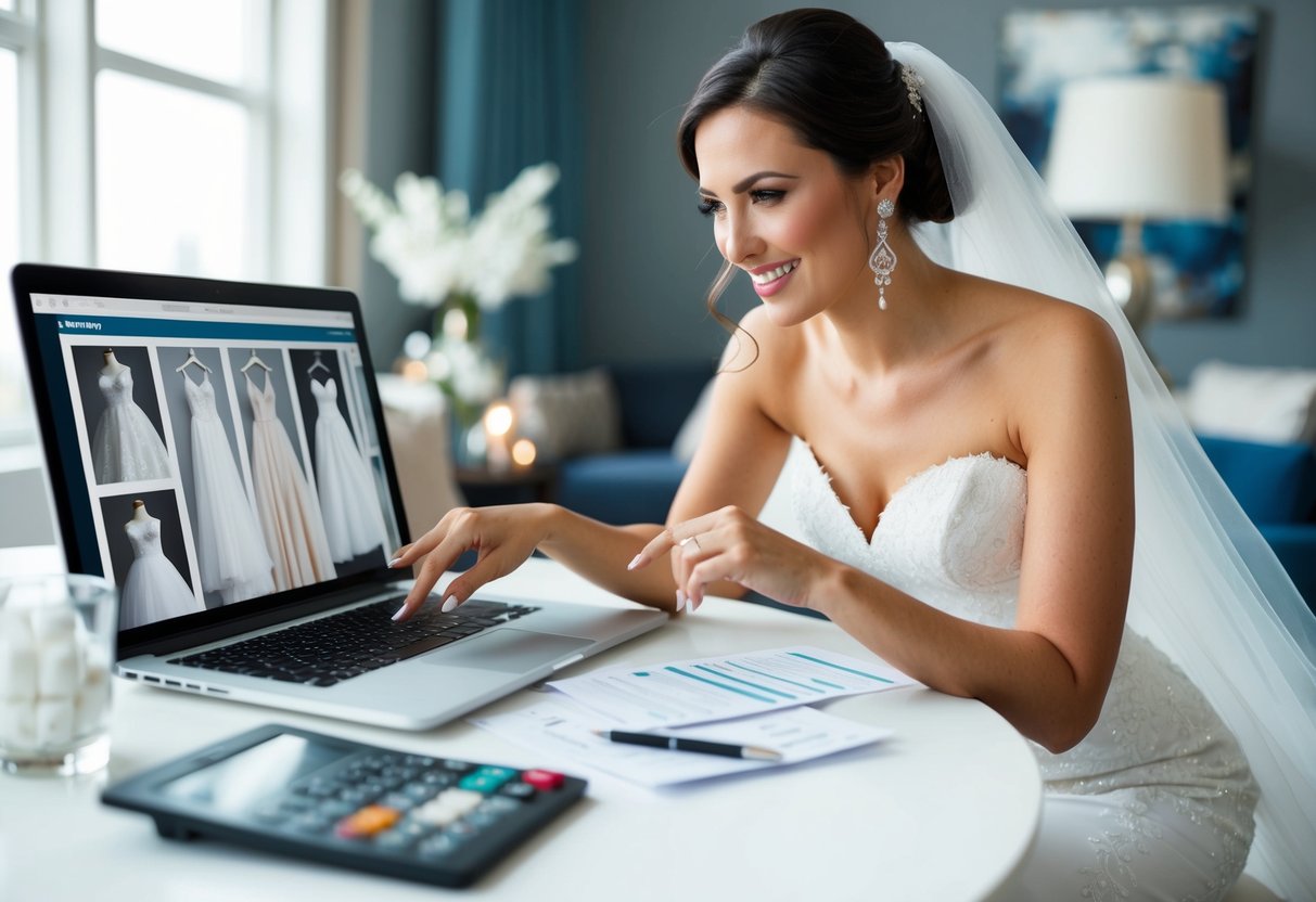 A bride browsing through wedding dress options online, comparing payment plans and providers for financing