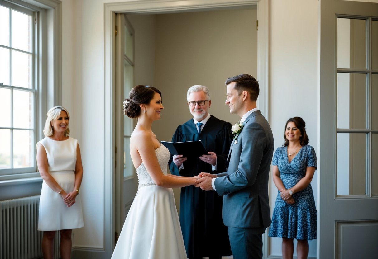 A bride and groom stand before a registrar in a simple, elegant room with large windows, exchanging vows. Two witnesses look on from a distance, framed by the open door