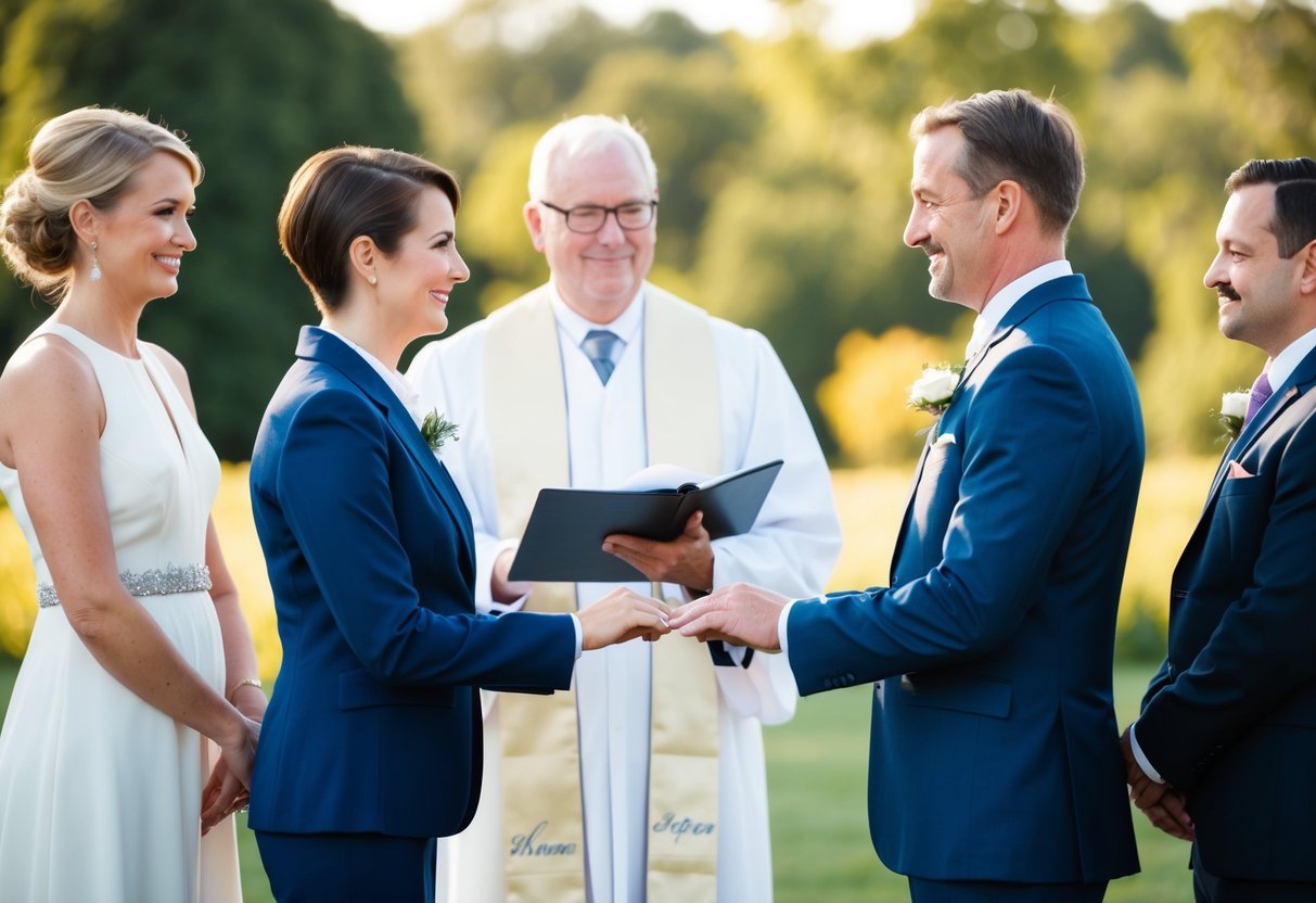 A couple stands before an officiant, exchanging vows. Two witnesses stand nearby, observing the ceremony
