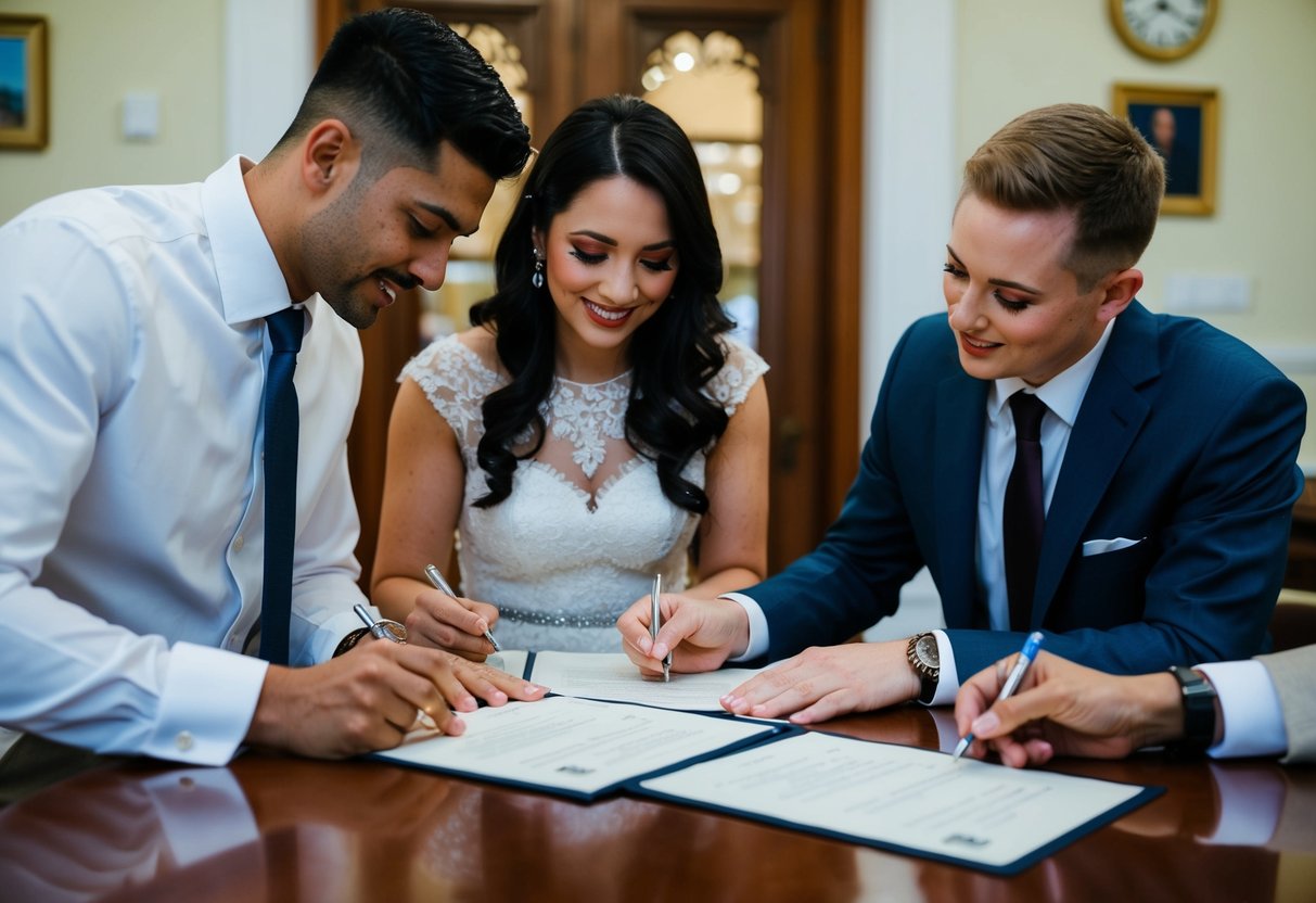 A couple and two witnesses signing marriage documents in a government office