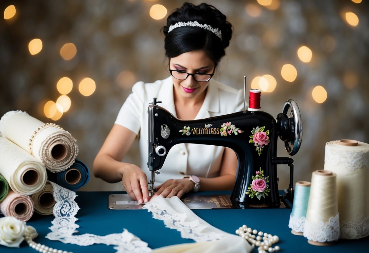 A seamstress at a sewing machine, surrounded by rolls of fabric, lace, and beads, working on a wedding dress