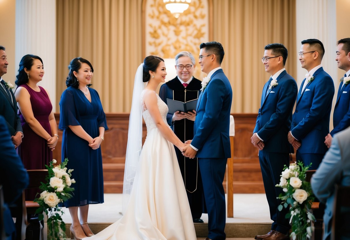 A couple standing before an officiant in a traditional wedding setting with witnesses present