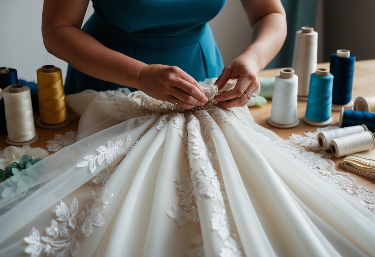 A seamstress meticulously adds lace and beading to a flowing wedding gown, surrounded by spools of thread and fabric swatches