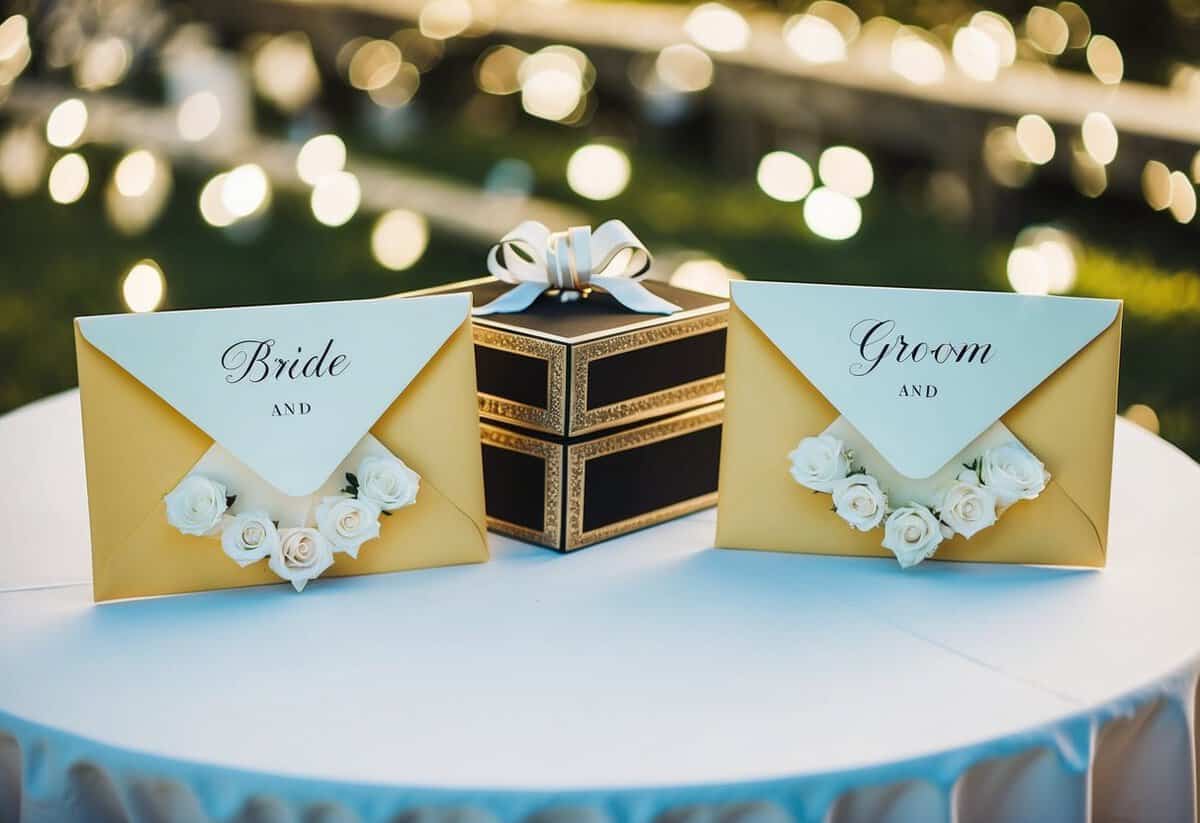 A wedding gift table with two envelopes labeled "bride and groom" and a decorative box for cards