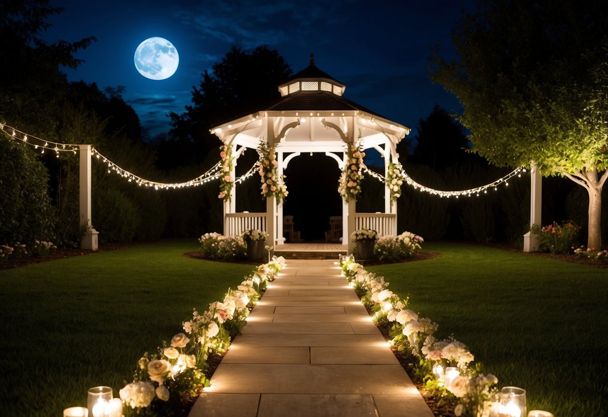 A moonlit garden with a pathway leading to a gazebo adorned with twinkling lights and flowers, creating a romantic and enchanting setting for the night before the wedding