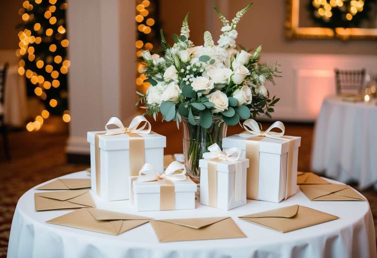 A beautifully decorated wedding gift table with elegant presents and envelopes