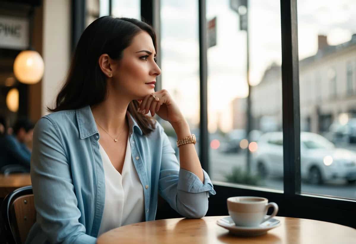 A woman wearing an engagement ring sits alone at a cafe, gazing out the window with a conflicted expression