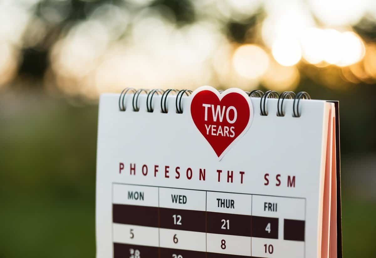 A calendar with a heart-shaped sticker marking the date two years from now