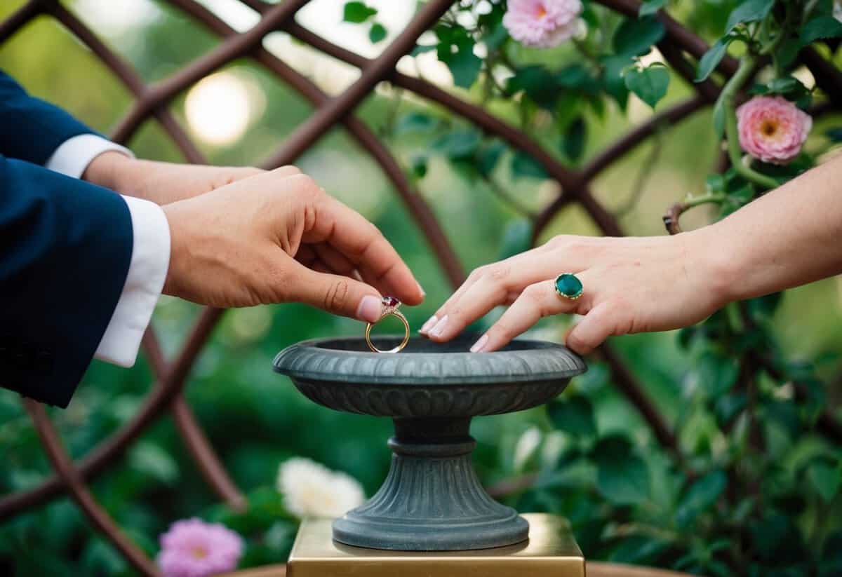 A couple's hands placing two rings on a shared pedestal, surrounded by intertwining vines and blooming flowers