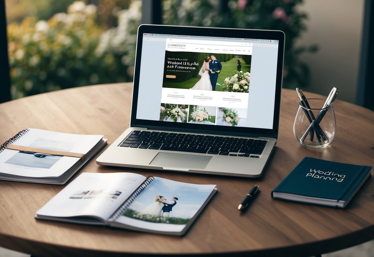 A table set with a notebook, pen, and wedding magazines. A laptop open to a wedding planning website