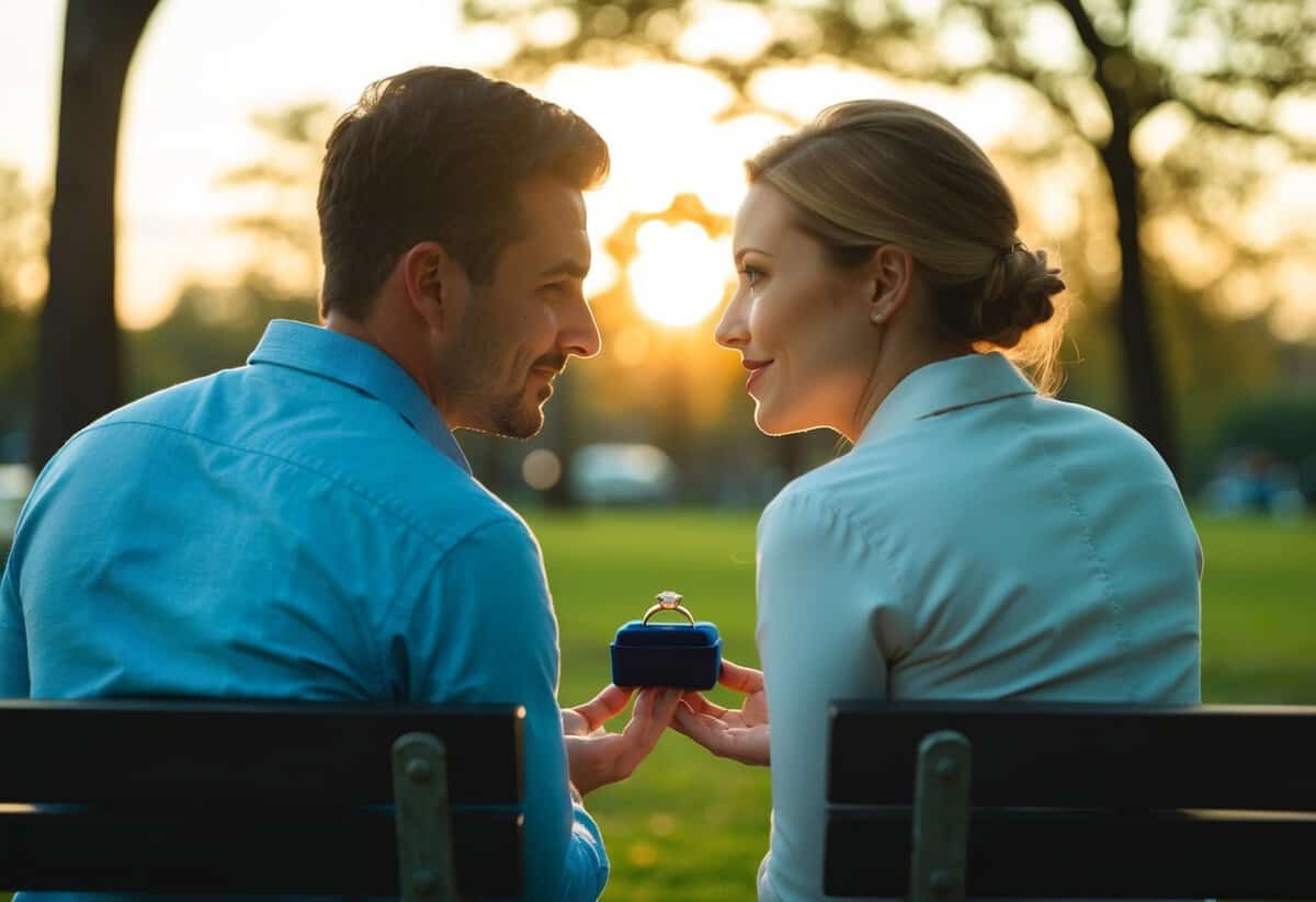 A couple sitting on a park bench, gazing into each other's eyes with a ring box between them. The sunset casts a warm glow on their faces