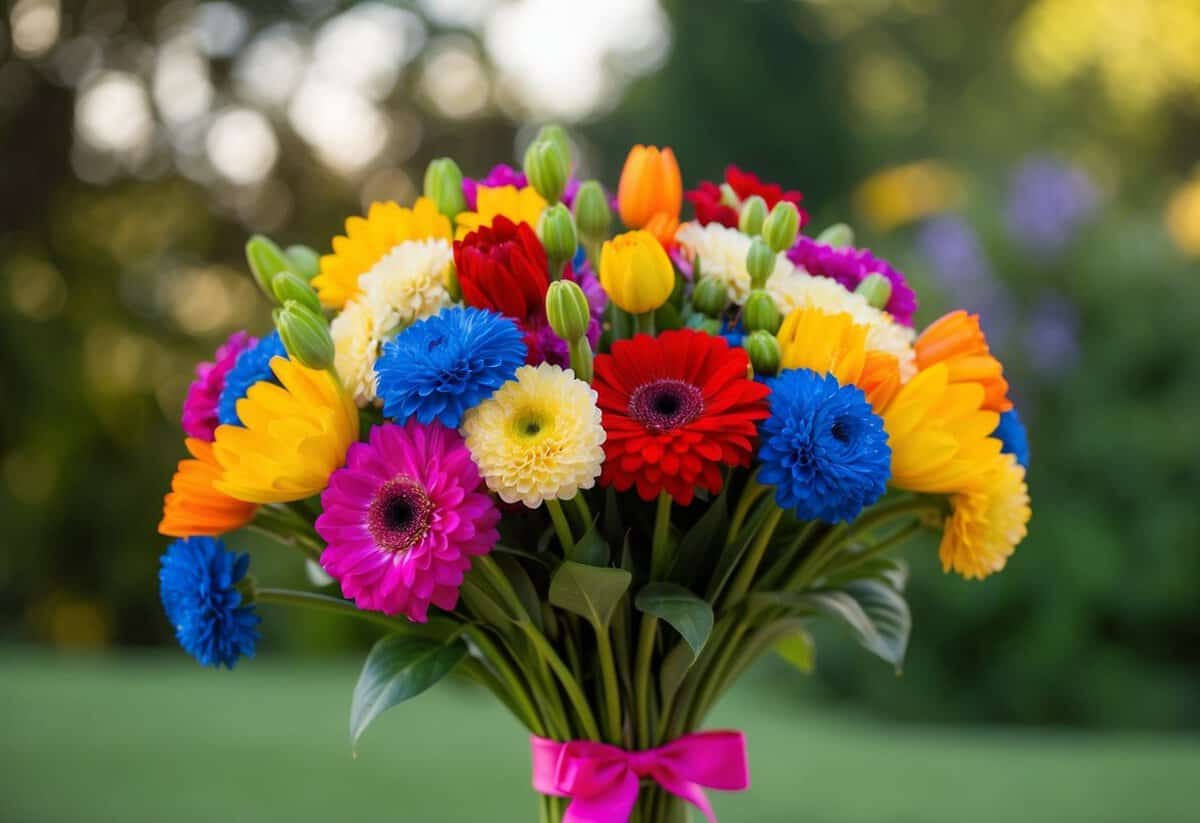 A group of colorful flowers arranged in a bouquet, with a ribbon tied around the stems