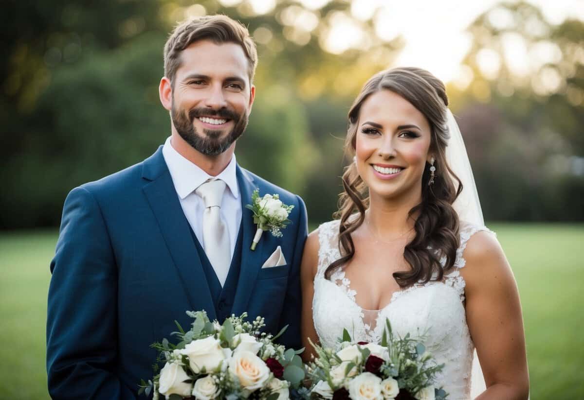 A groom's bridesmaid stands beside him, holding a bouquet and smiling