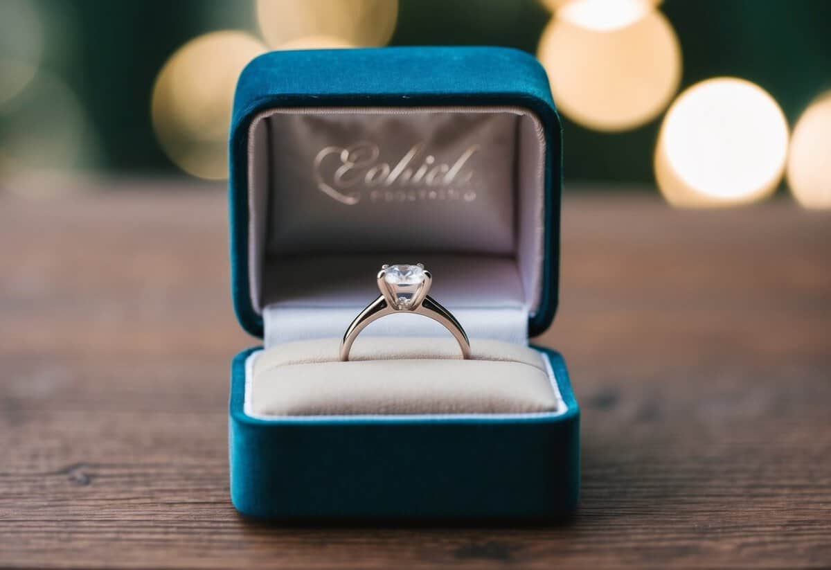 A ring box open on a velvet cushion, with a sparkling engagement ring inside
