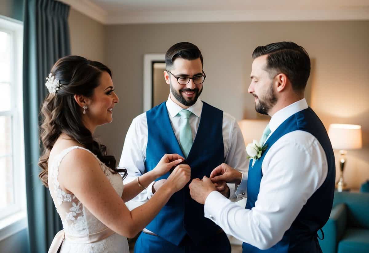 A bridesmaid helps the groom with his tie before the wedding