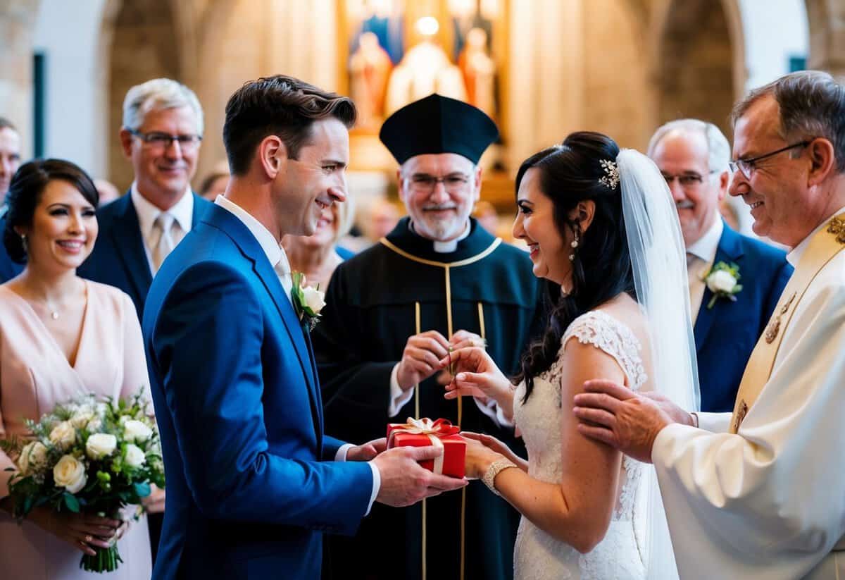A bride and groom exchange wedding rings and gifts in front of a priest, family, and friends