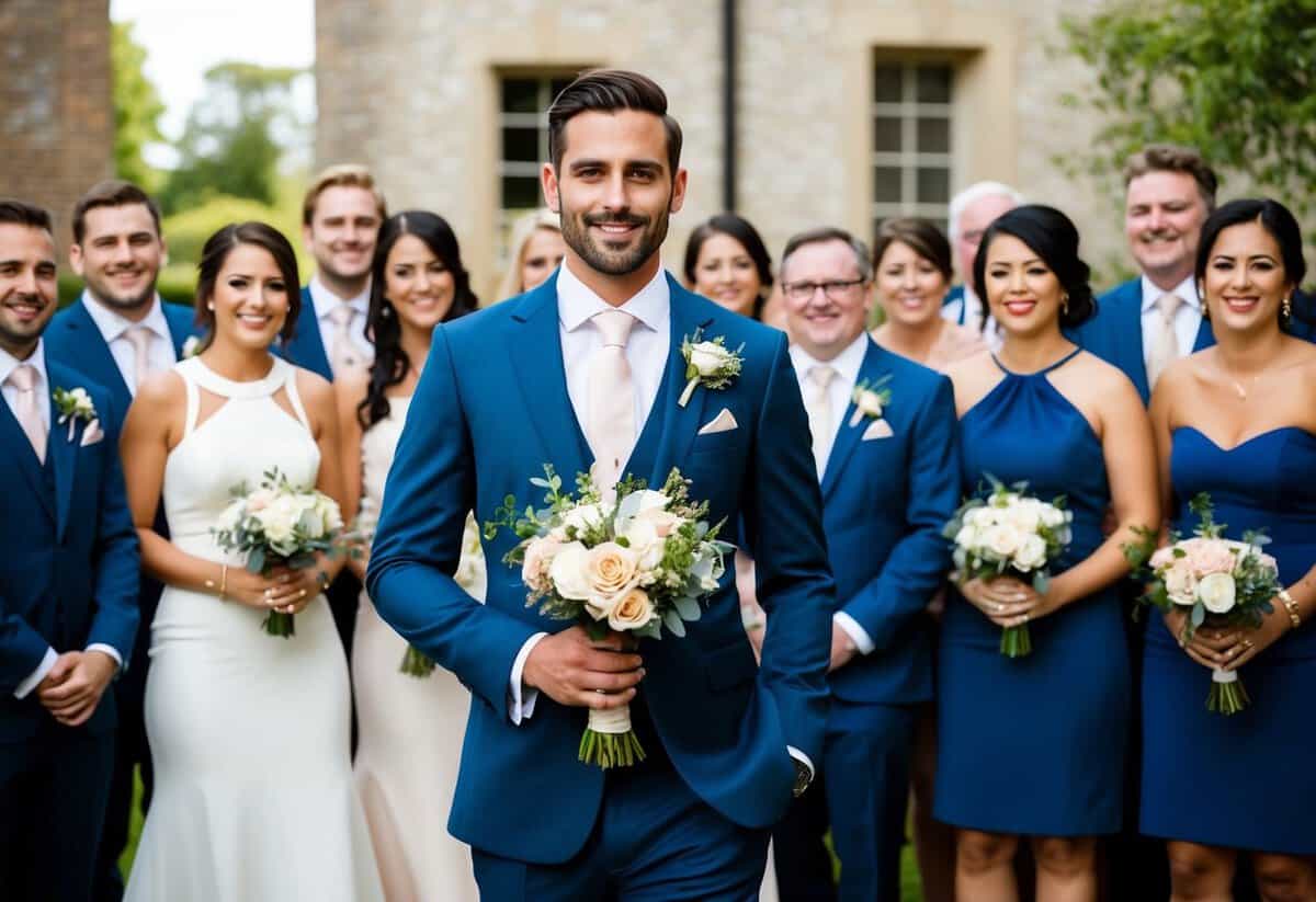 A groom's bridesmaid stands confidently in a tailored suit, holding a bouquet of flowers, surrounded by a group of smiling wedding guests