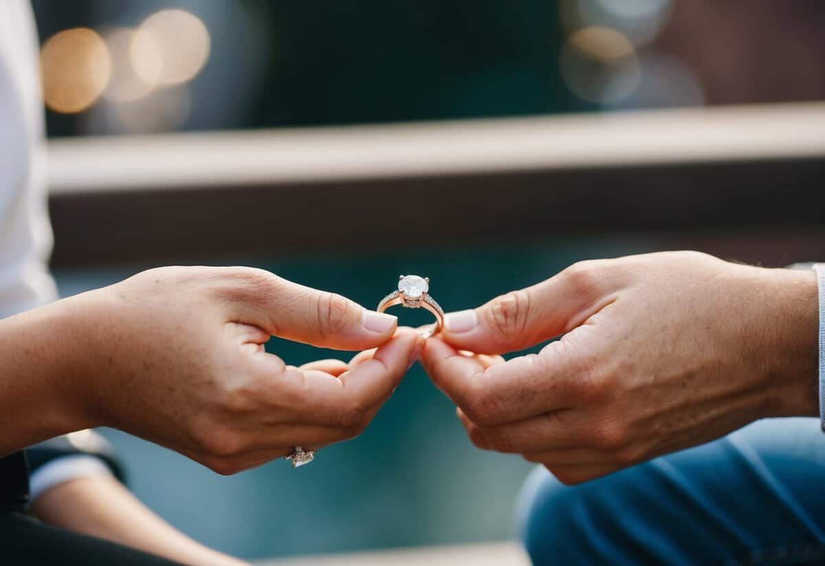 A couple's hands hold a sparkling engagement ring, symbolizing their commitment and love