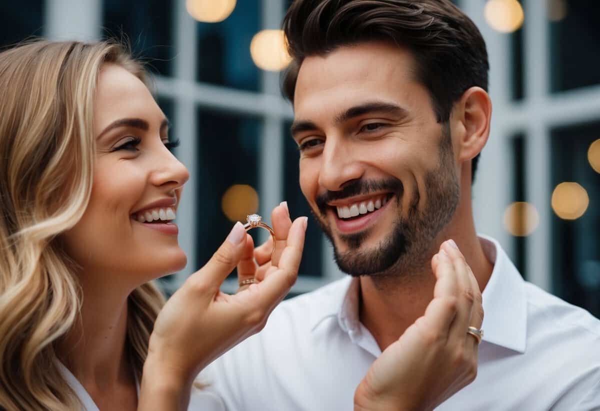 A man presenting a ring to a woman, both smiling