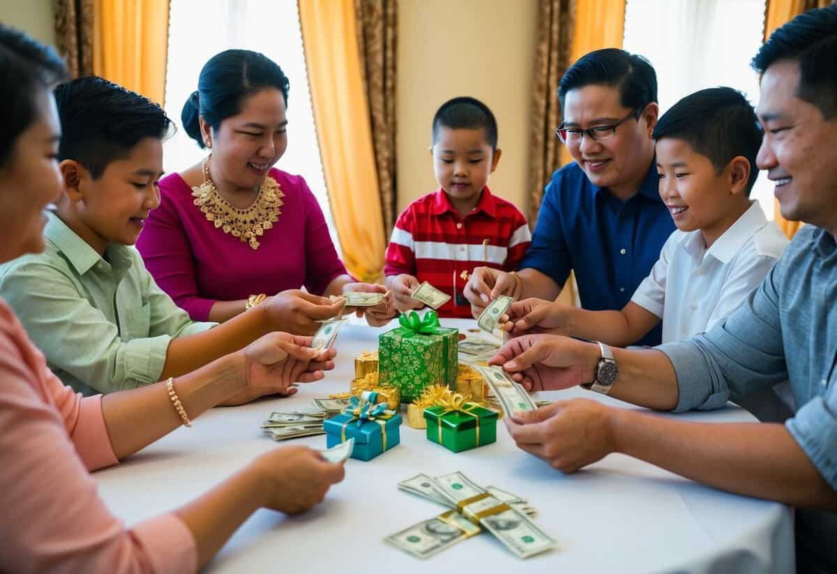 A family gathering around a table, exchanging money and gifts, symbolizing the traditional Filipino pre-wedding payment customs