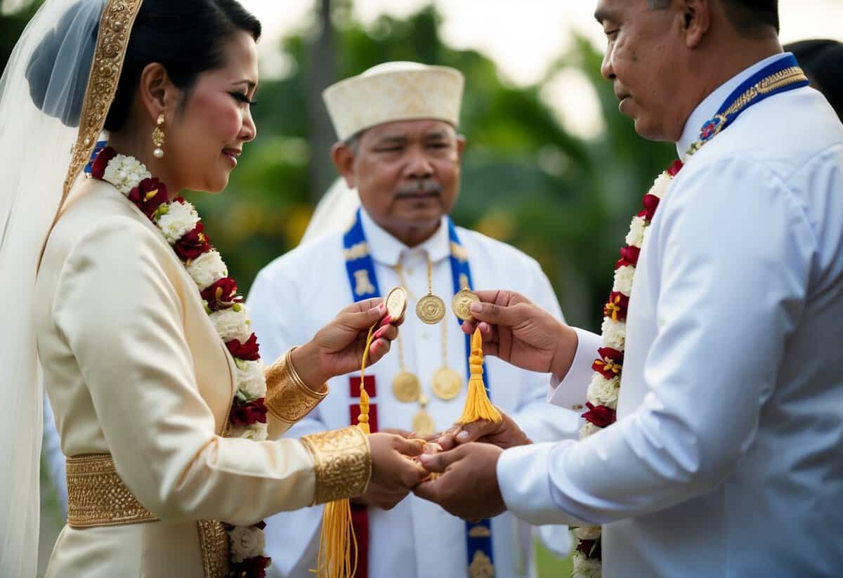 A traditional Filipino wedding ceremony with various ceremonial elements and symbols, including the exchange of wedding coins, cord, and veil