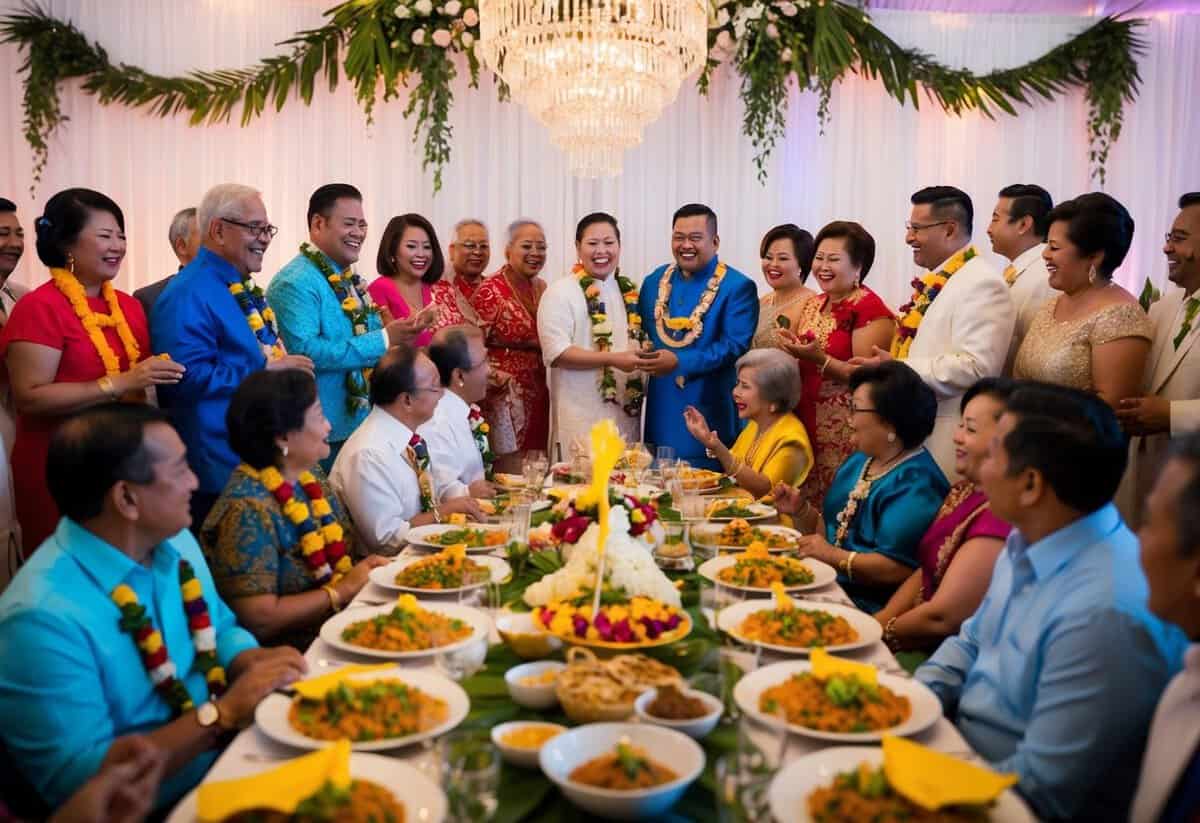A festive wedding reception with Filipino cultural elements, including traditional attire, food, and decorations. Family members and guests are gathered, with a sense of joy and celebration in the air