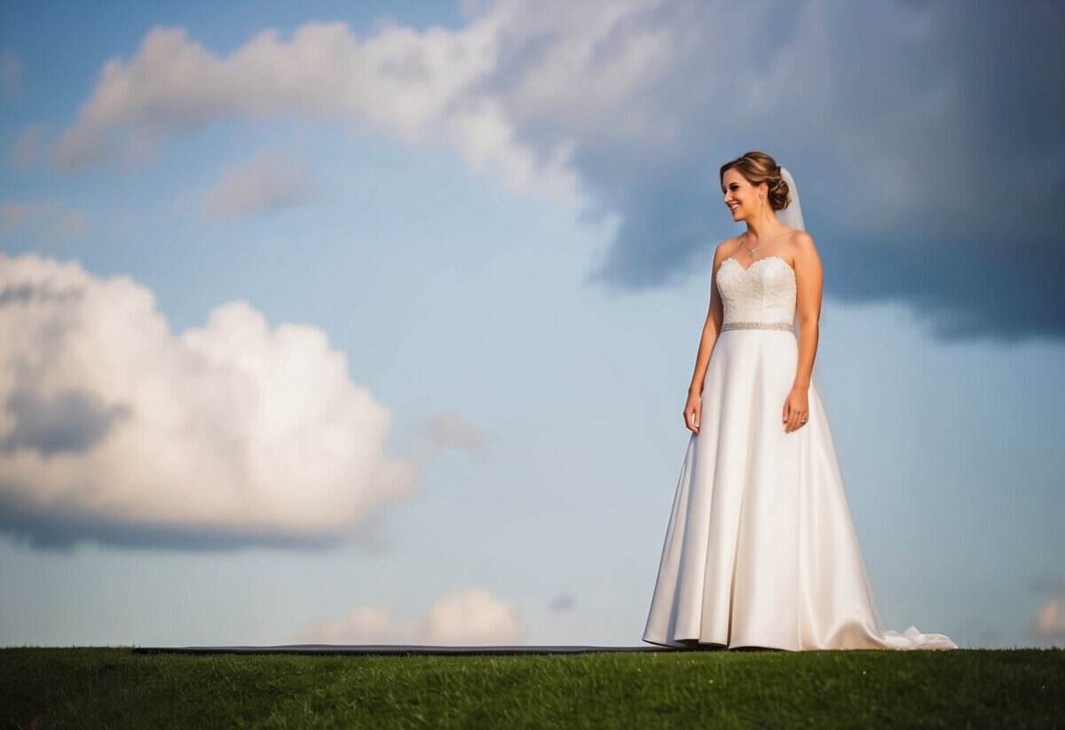 A bride standing alone on a wedding stage, looking wistfully at an empty space beside her, where her sister would have stood as maid of honor