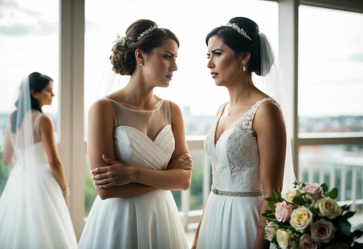 A bride and her sister stand apart, one looking disappointed while the other appears resigned. A wedding dress and a bouquet of flowers sit nearby, highlighting the tension between the two women
