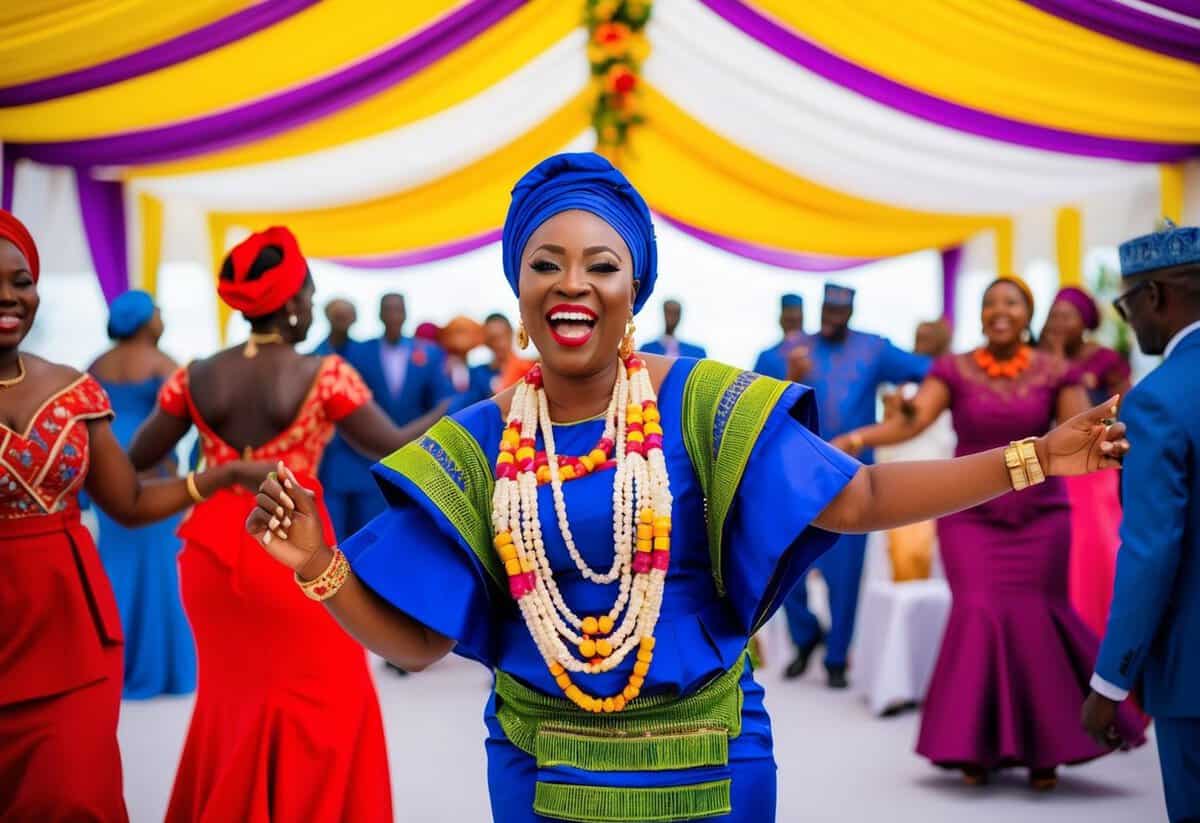 A vibrant Nigerian wedding with traditional attire, colorful decorations, and joyful dancing