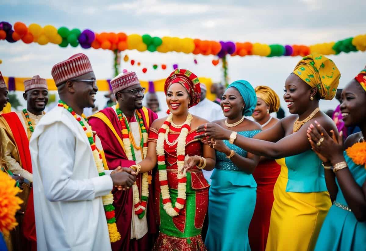 A vibrant Nigerian wedding scene with traditional attire, colorful decorations, and joyful celebration