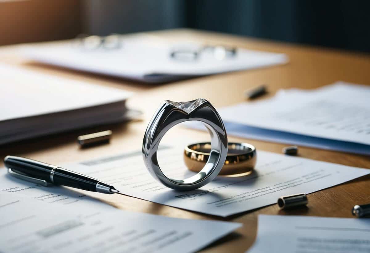 A broken wedding ring on a table, surrounded by scattered papers and a pen