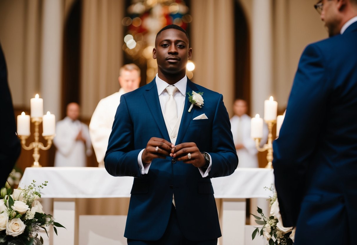 A suited figure stands at the altar, holding the wedding rings
