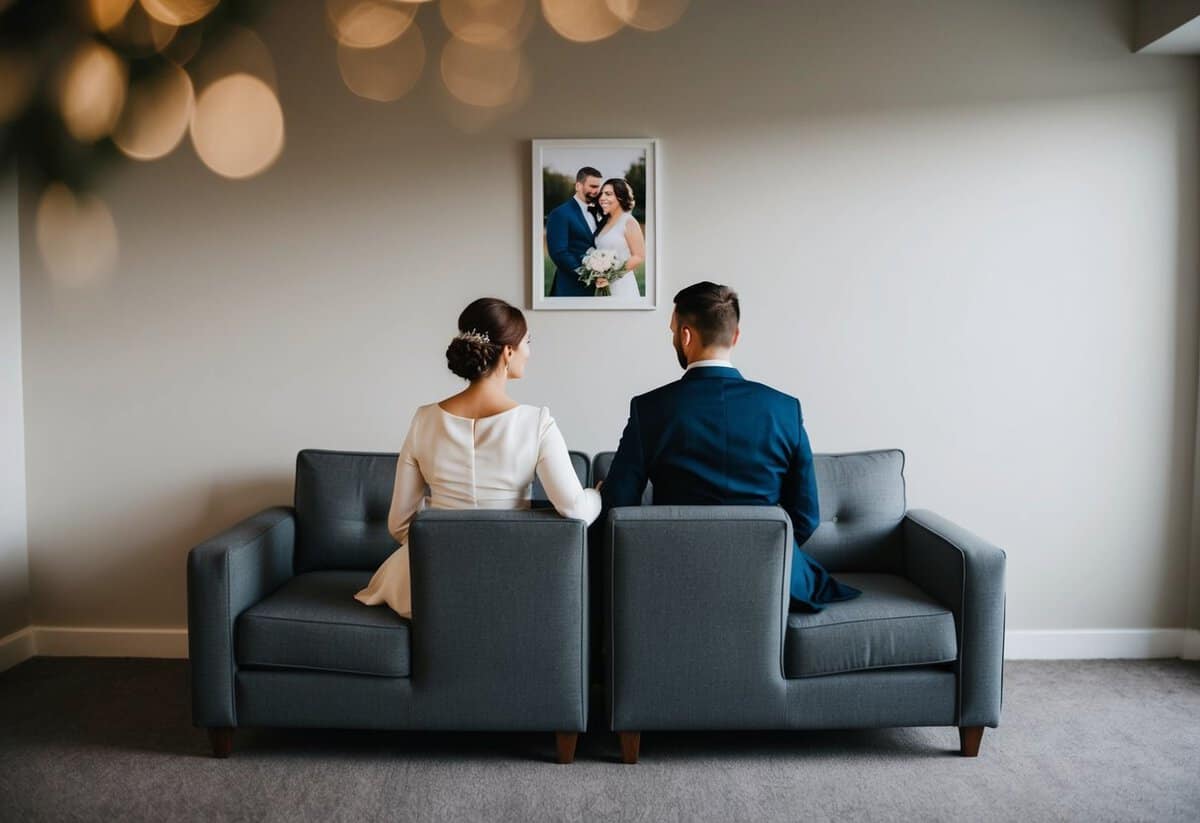 A couple sitting on opposite ends of a couch, facing away from each other, with a wedding photo on the wall behind them